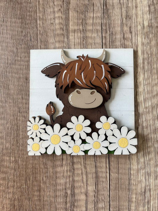 Spring Highland Cow Flowers Ladder Tile