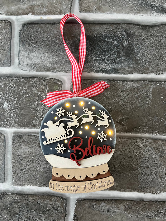 Believe Santa Lighted Snow Globe Ornament